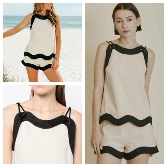 AUREUM Linen Scallop Hem Matching Short Set  High-rise Natural & Black Small NWT - Picture 4 of 14